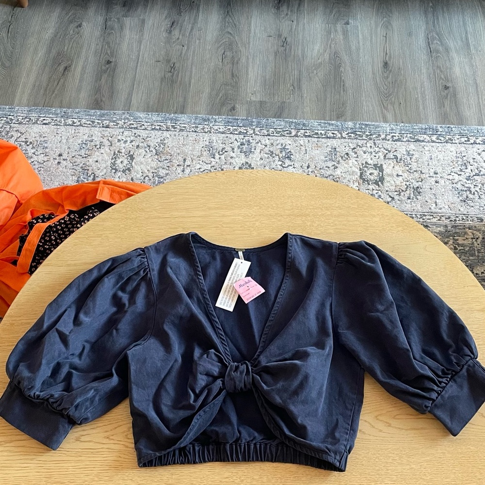 Blue Puff Sleeve Crop Blouse with Tie Front